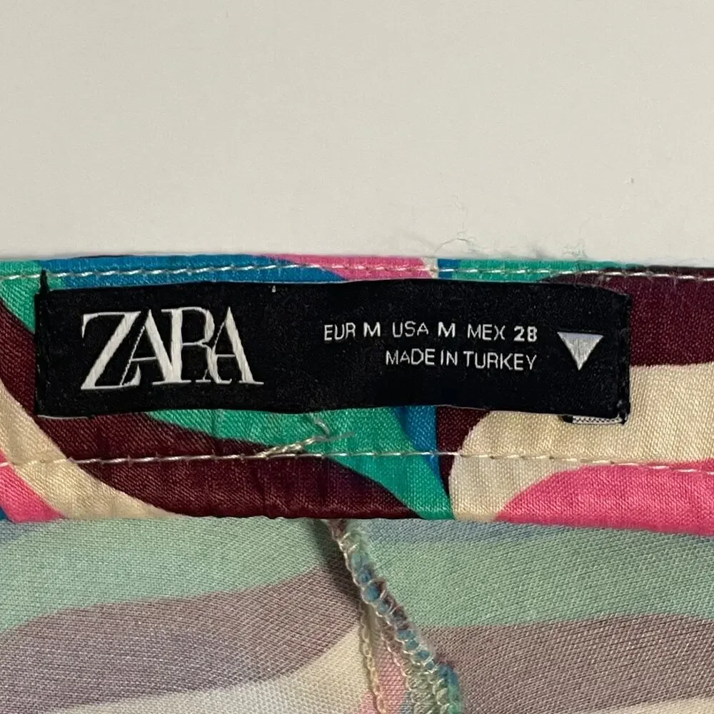 Zara Wide Leg Pants Size Medium Pink Teal Zig Zag Stripe 70s Festival High Rise